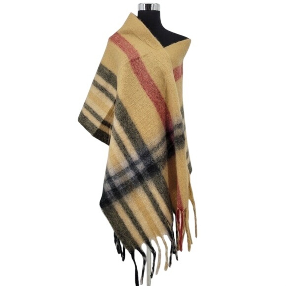 GM Fashion USA Tan Plaid Oversized Scarf Fringe Wrap Shawl Soft Fuzzy New
